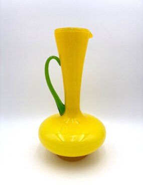 MCM Handblown Yellow Cased Glass Pitcher Green Applied Handle 12" Art Glass Home